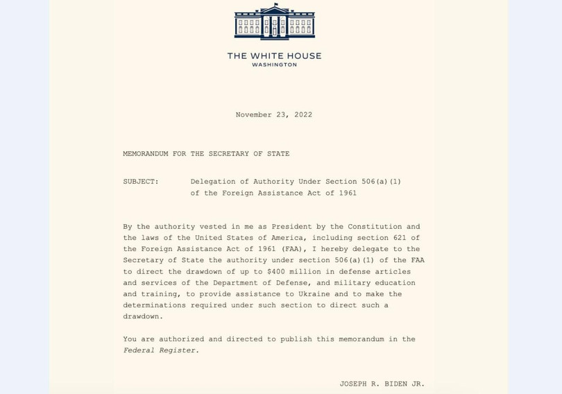 Chỉ thị của tổng thống Joe Biden về gói hỗ trợ quân sự 400 triệu USD. Ảnh Military Ukraine.
