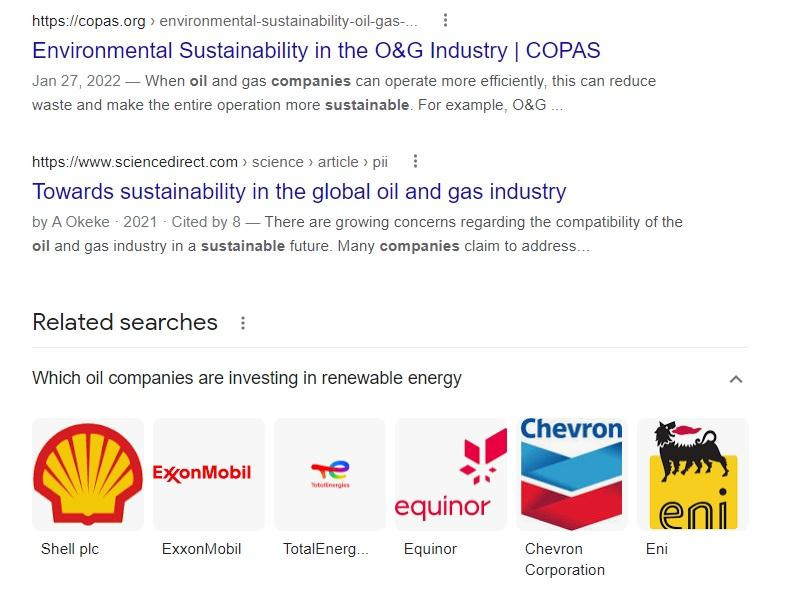 Ví dụ về sự xuất hiện các thương hiệu khai thác dầu khí lớn trong một tìm kiếm về năng lượng tái tạo. Ảnh euronews Ví dụ về sự xuất hiện các thương hiệu khai thác dầu khí lớn trong một tìm kiếm về năng lượng tái tạo. Ảnh euronews