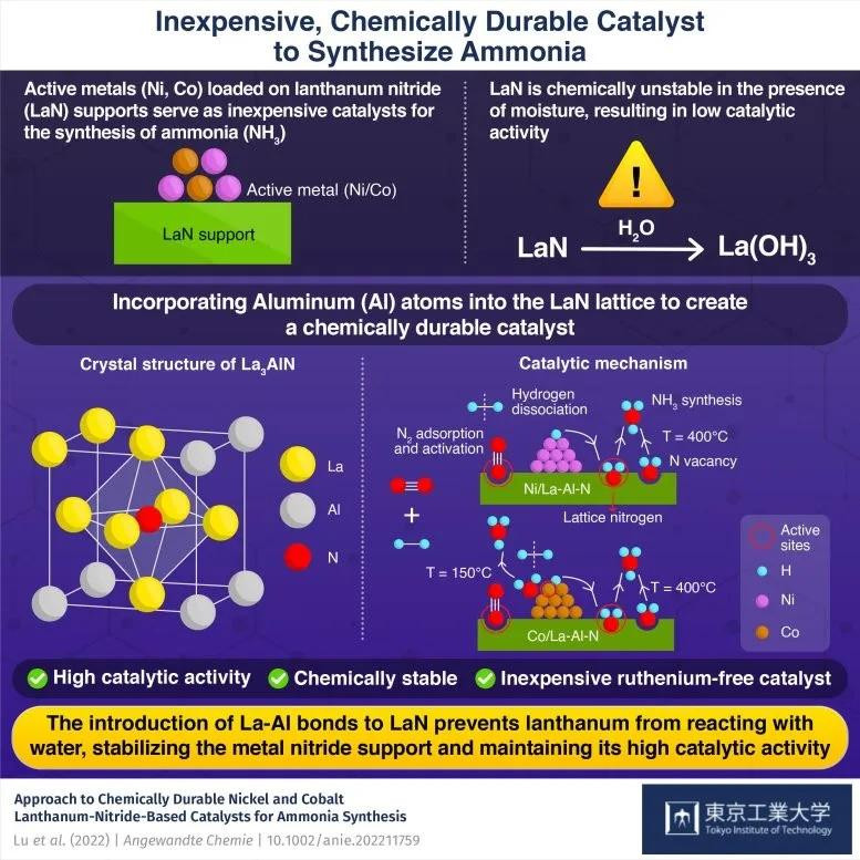 Infographic giải thích hoạt động của chất xúc tác niken và coban với chất hỗ trợ lanthanum nitride. Ảnh: Công nghệ Tokyo Infographic giải thích hoạt động của chất xúc tác niken và coban với chất hỗ trợ lanthanum nitride. Ảnh: Công nghệ Tokyo