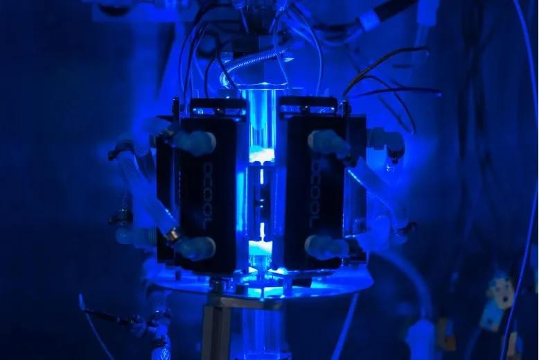 Thiết bị xúc tác quang, sử dụng trong các thử nghiệm chất xúc tác quang plasmonic đồng-sắt để sản xuất hydro từ amoniac. Ảnh Brandon Martin/Đại học Rice Thiết bị xúc tác quang, sử dụng trong các thử nghiệm chất xúc tác quang plasmonic đồng-sắt để sản xuất hydro từ amoniac. Ảnh Brandon Martin/Đại học Rice