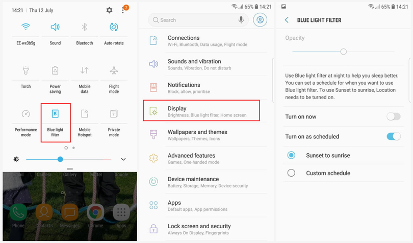 Bộ lọc Blue light filter trên thiết bị Galaxy. Ảnh: DT
