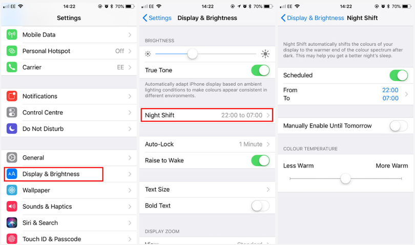 Tính năng Night Shift trên iOS. Ảnh: DT