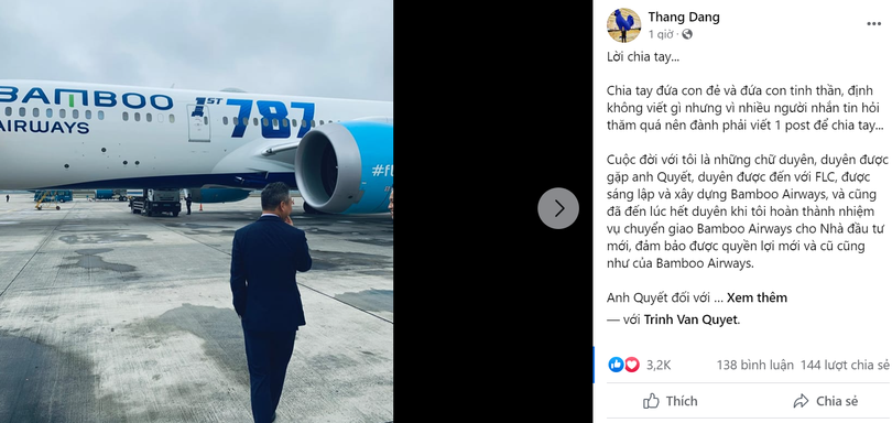 Chỉ 1 giờ sau khi đăng tải, "Lời chia tay" Bamboo Airways của ông Đặng Tất Thắng đã nhận được hàng nghìn lượt tương tác trên mạng xã hội