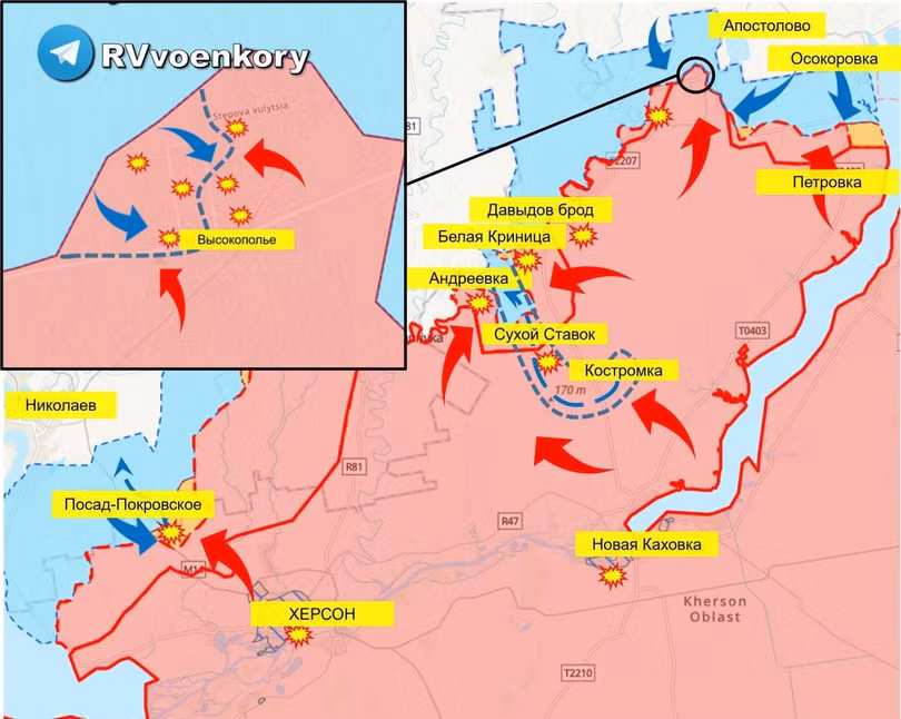 Các mũi tiến công của quân đội Nga vào chiến tuyến quân đội Ukraine. Ảnh RusVesna.