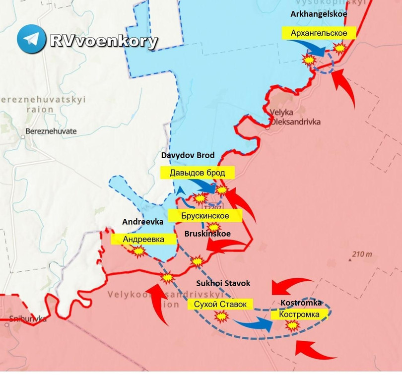 Các mũi tiến công của quân đội Ukraine trên hướng Andreevka - Davydov Brod tính đến ngày 1/9. Ảnh kênh Telegram @Rybar và RVvoenkor.
