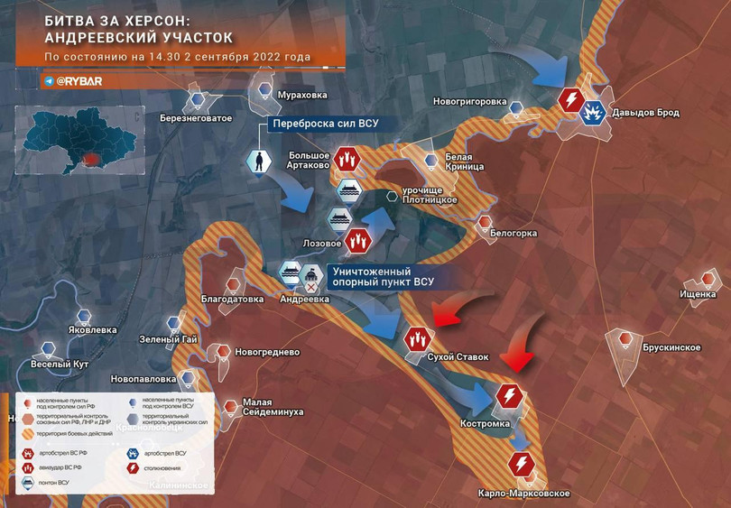 Trận chiến giành Kherson tình hình trên hướng Andreevsky tính đến ngày 2/9. Ảnh Kênh Telegram @Rybar.