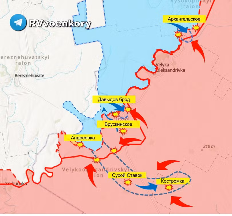 Các mũi tấn công của quân đội Ukraine và phản công của quân đội Nga ngày 31/8. Ảnh RusVesna. Các mũi tấn công của quân đội Ukraine và phản công của quân đội Nga ngày 31/8. Ảnh RusVesna.