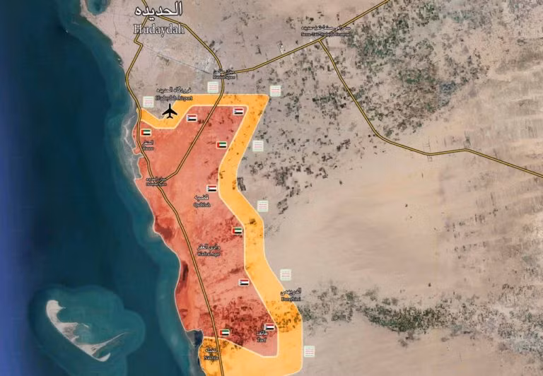 Chiến tuyến liên minh quân sự do Ả rập Xê út dẫn đầu ở thành phố cảng và sân bay sân bay al-Hudaydah. Ảnh South Front