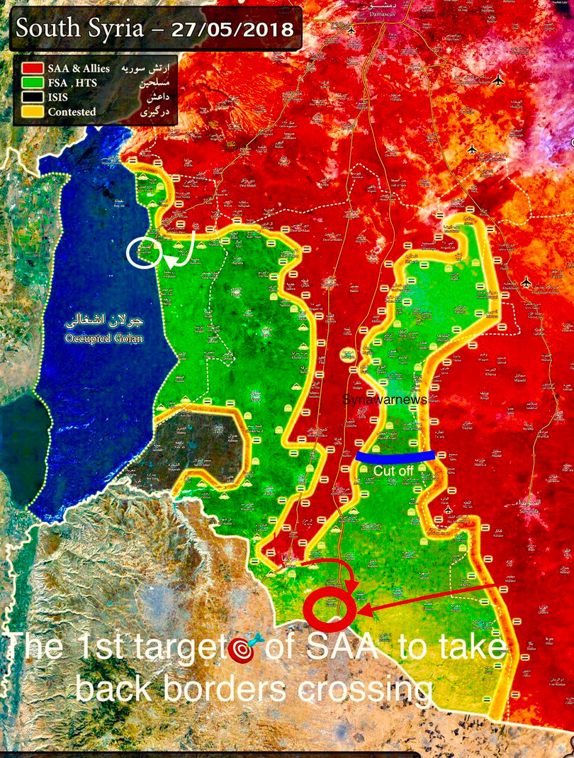 Kế hoach giải phóng tỉnh Daraa của liên minh quân sự Syria - Nga. ảnh Masdar News.
