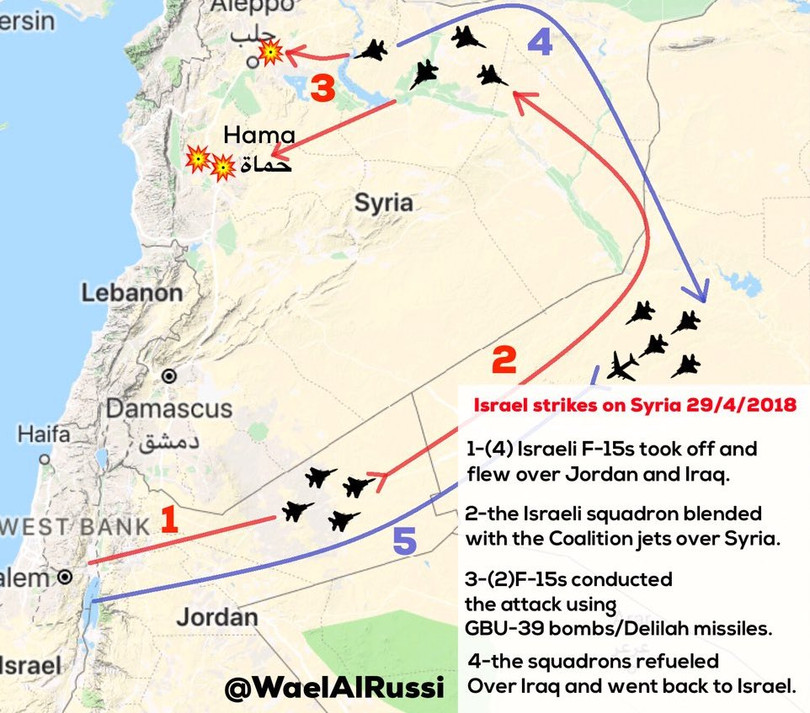 Bản đồ bay của lực lượng không quân israel ngày 29.04.2018, hòa lẫn vào đội hình của Liên minh quân sự do Mỹ dẫn đầu. Ảnh South Front