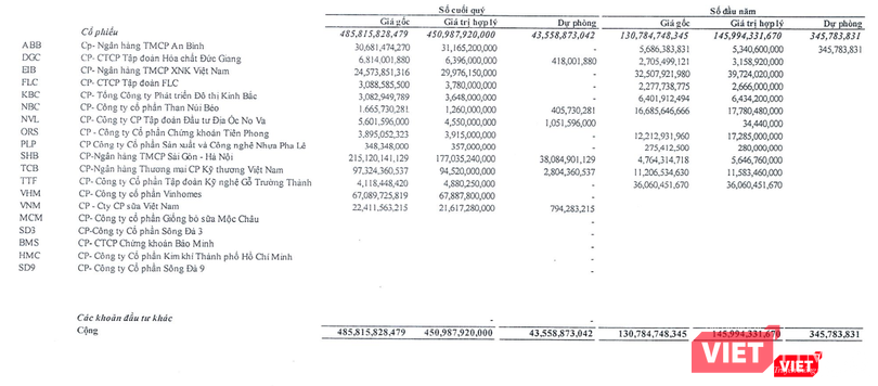 Danh mục đầu tư chứng khoán của Nhà Đà Nẵng tại ngày 31/12/2021
