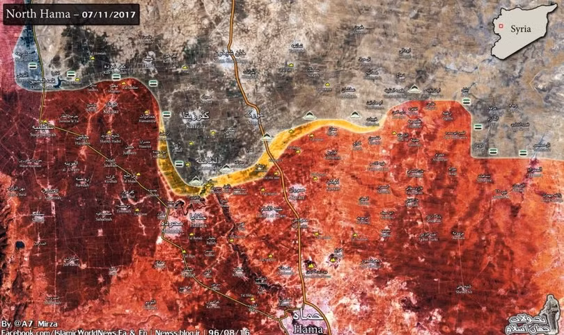 Bản đồ chiến sự vùng đông bắc thành phố Hama - ảnh minh họa Masdar News