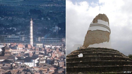Tháp Dharahara, công trình tiêu biểu của Kathmandu trước và sau động đất. Ảnh:AP, EPA