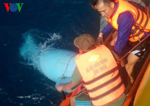 Các chiến sĩ tham gia cứu hộ, cứu nạn vớt mảnh vỡ máy baySu-22. Ảnh:VOV