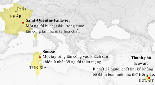 Địa điểm xảy ra các vụ tấn công khủng bố. Đồ họa: New York Times.