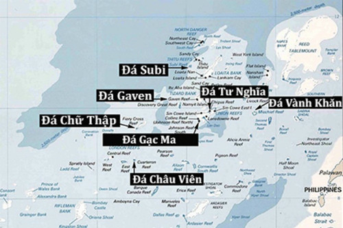 7 đá Trung Quốc cải tạo trái phép ởTrường Sa. Đồ họa:The Diplomat.