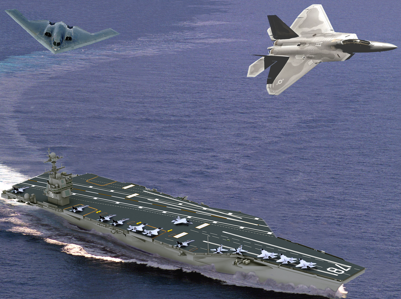 Tàu sân bay Ford với máy bay ném bom B-2 và chiến đấu cơ tàng hình F-22 