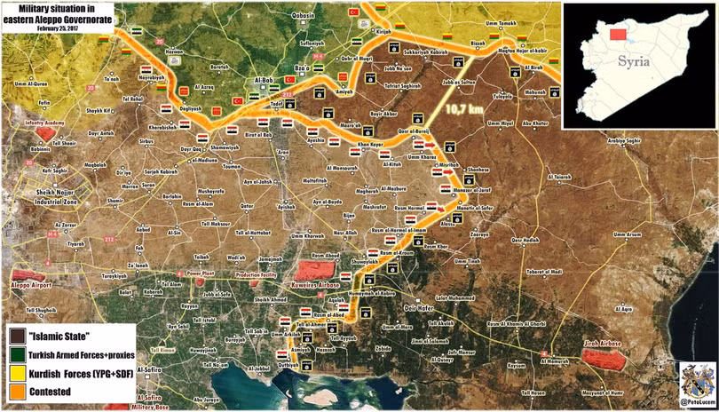 Bản đồ chiến sự phía đông Aleppo, chỉ còn hơn 10 km đến khu vực do người Kurd kiểm soát, thế trận đã hình thành