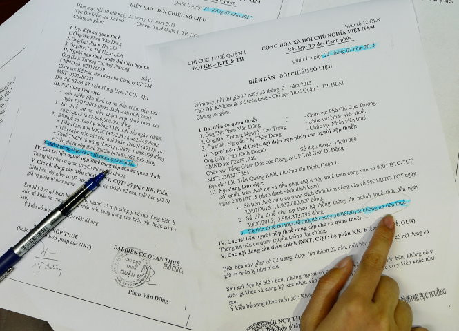 Theo bản đối chiếu số liệu thì hai doanh nghiệp này không bị nợ thuế. Tuy nhiên, hai doanh nghiệp này vẫn bị nêu tên trong danh sách nợ thuế - Ảnh: T.T.D.
