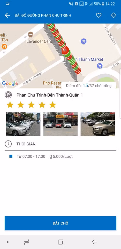  Số chỗ trống còn lại là 15/37, được hiển thị chi tiết trên ứng dụng