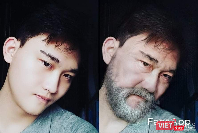 Tính năng "biến trẻ thành già" gây tranh cãi trên FaceApp. Ảnh: Facebook Khúc Dương. Tính năng