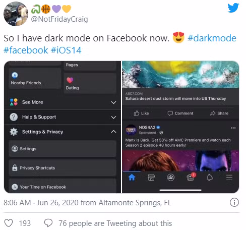 Chia sẻ của một tài khoản hiếm hoi được trải nghiệm tính năng Dark Mode trên Facebook. Ảnh: Digital Trends