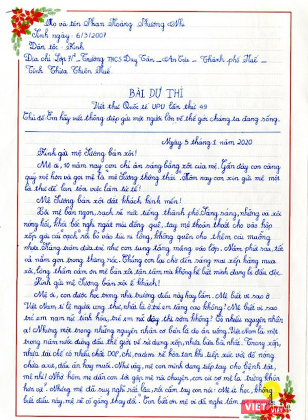 Bức thư đạt Giải Nhất của Phan Hoàng Phương Chi.