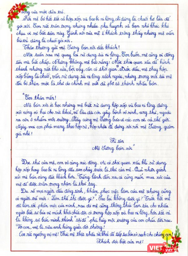 Bức thư đạt Giải Nhất của Phan Hoàng Phương Chi.