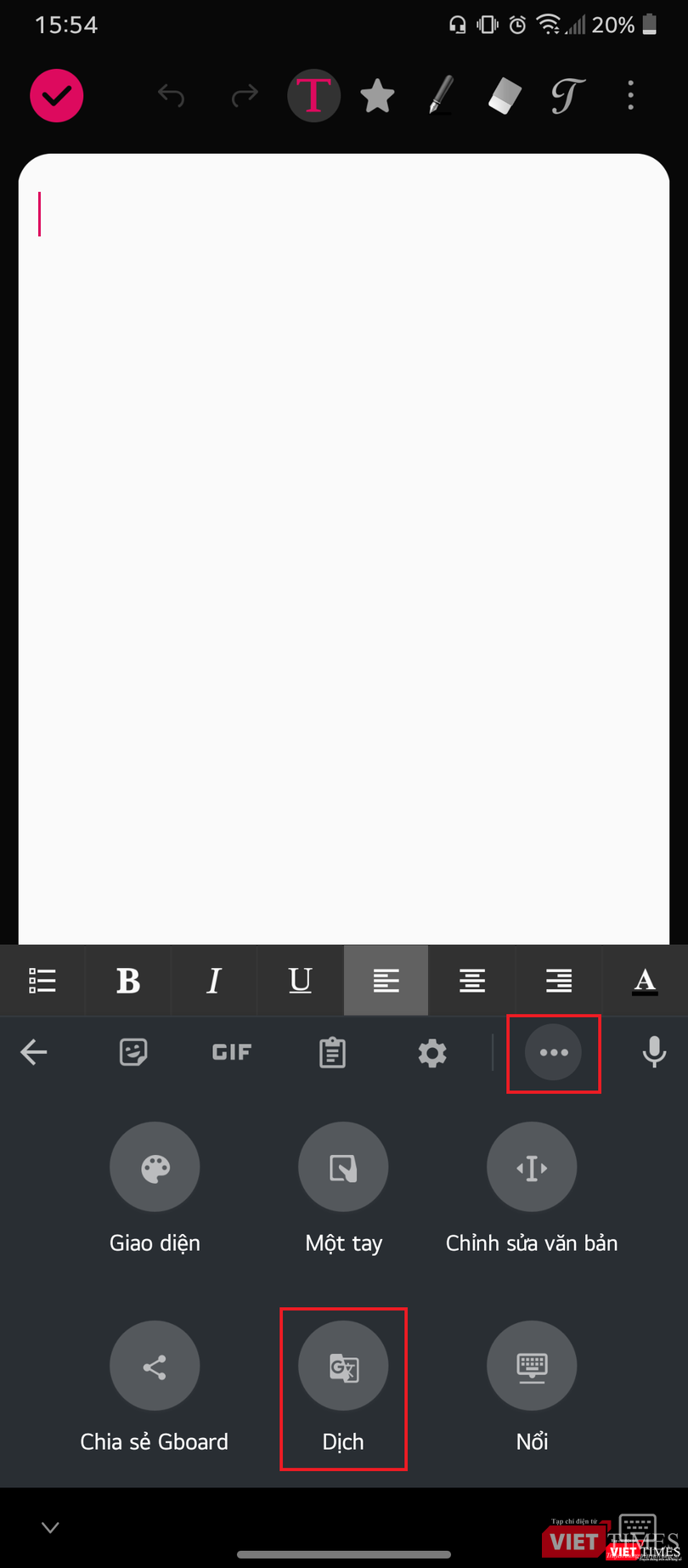 Giao diện tính năng dịch văn bản của Gboard