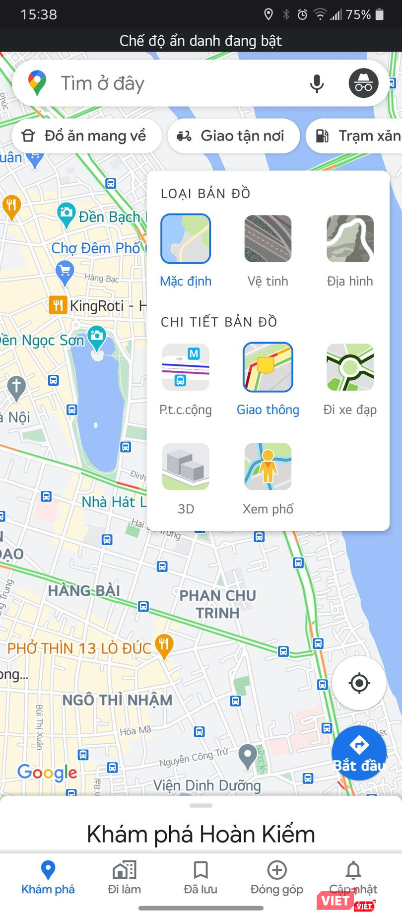 Chọn biểu tượng Giao thông để phân tích mật độ phương tiện trên tuyến đường.