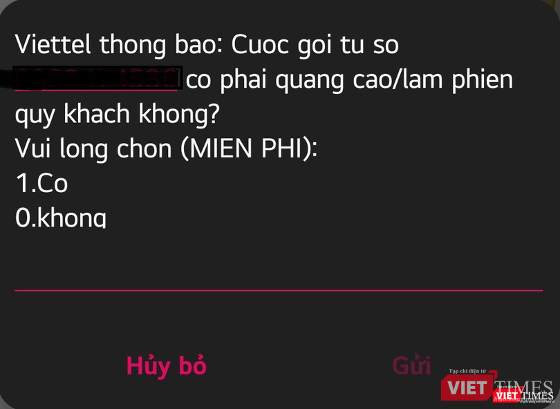 Tin nhắn xác minh cuộc gọi rác.