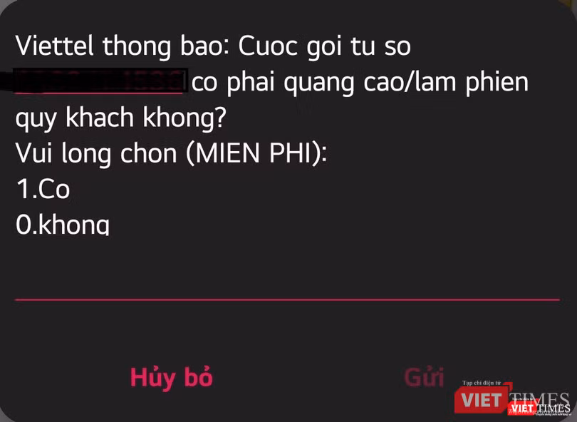 Tin nhắn xác minh cuộc gọi rác.