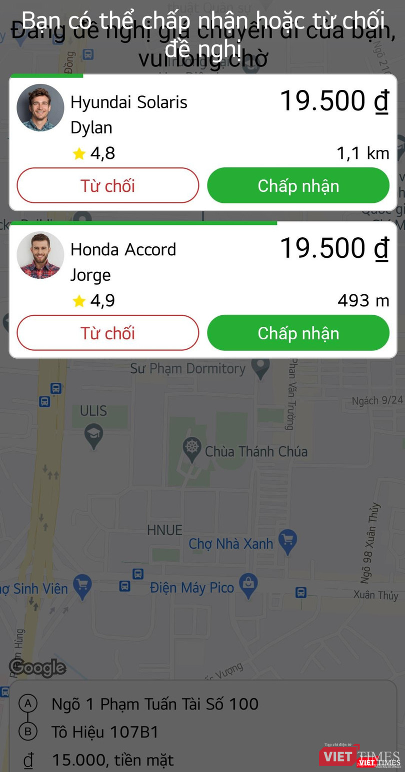 Ứng dụng đề xuất mức giá và tài xế để khách hàng chọn lựa.