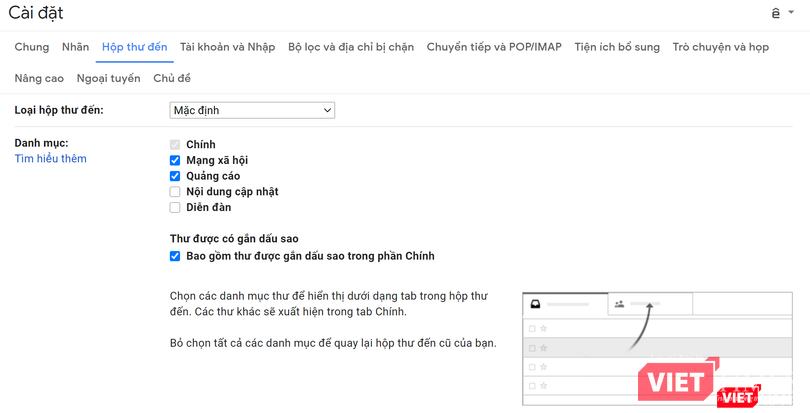 Chọn các tab muốn hiển thị trên giao diện màn hình chính của Gmail. Chọn các tab muốn hiển thị trên giao diện màn hình chính của Gmail.