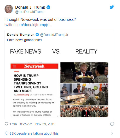 Tổng thống Trump phản ứng trước thông tin sai (Ảnh: Twitter)