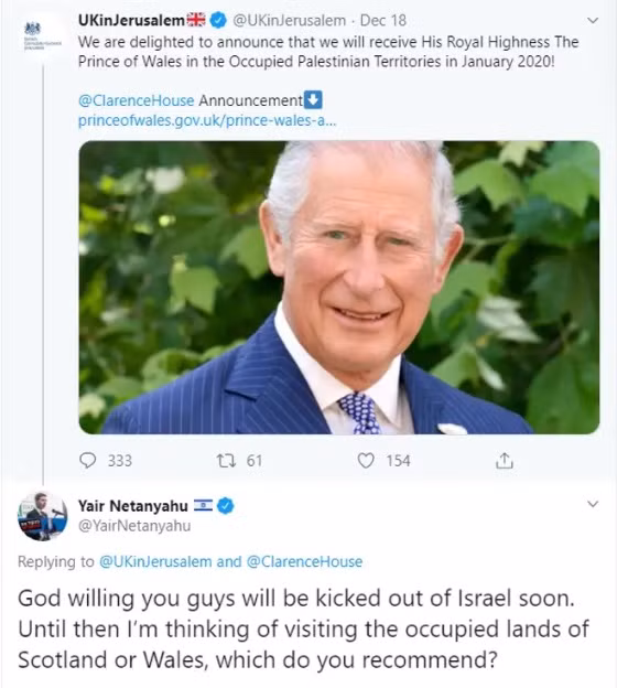 Đoạn bình luận chỉ trích Thái tử Charles mà Yair Netanyahu đăng tải trên Twitter (Ảnh: Twitter)
