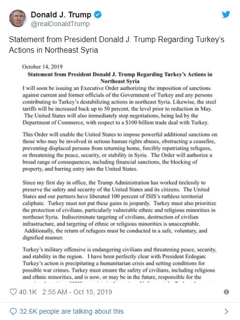 Tuyên bố mà ông Trump đăng tải trên Twitter (Ảnh: CNBC)