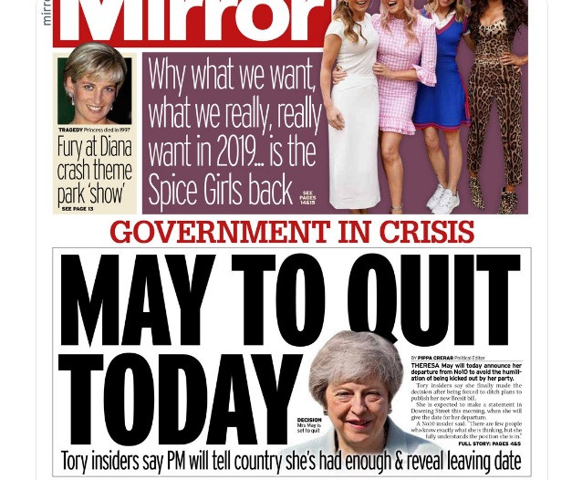 Bài viết có tiêu đề “Bà May sẽ ra đi vào ngày hôm nay” đăng trên trang nhất của tờ Daily Mirror của Anh (Ảnh: Daily Mirror) Bài viết có tiêu đề “Bà May sẽ ra đi vào ngày hôm nay” đăng trên trang nhất của tờ Daily Mirror của Anh (Ảnh: Daily Mirror)