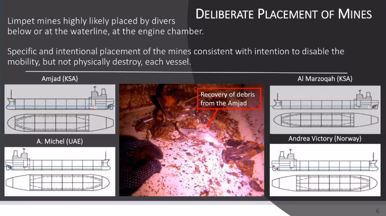 Các nhà điều tra tin rằng vụ tấn công sử dụng mìn gắn vào đáy tàu (Ảnh: CNN) Các nhà điều tra tin rằng vụ tấn công sử dụng mìn gắn vào đáy tàu (Ảnh: CNN)