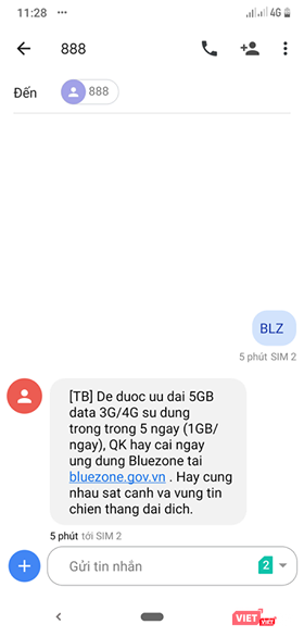 Tin nhắn xác nhận của tổng đài sau khi kích hoạt Bluezone.