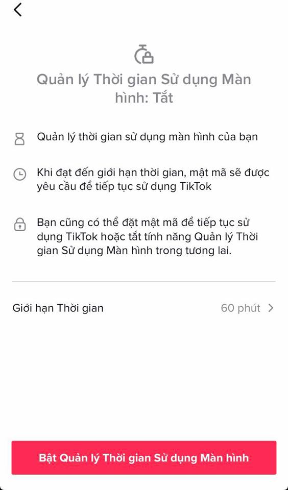 Thiết lập thời gian sử dụng TikTok phù hợp giúp người dùng quản lý trang cá nhân. (Ảnh chụp màn hình) Thiết lập thời gian sử dụng TikTok phù hợp giúp người dùng quản lý trang cá nhân. (Ảnh chụp màn hình)