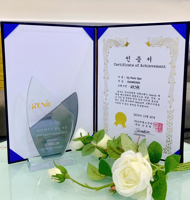 Giấy chứng nhận đơn vị Vy Paris Spa là đơn vị phân phối mỹ phẩm Genie Korea cao cấp