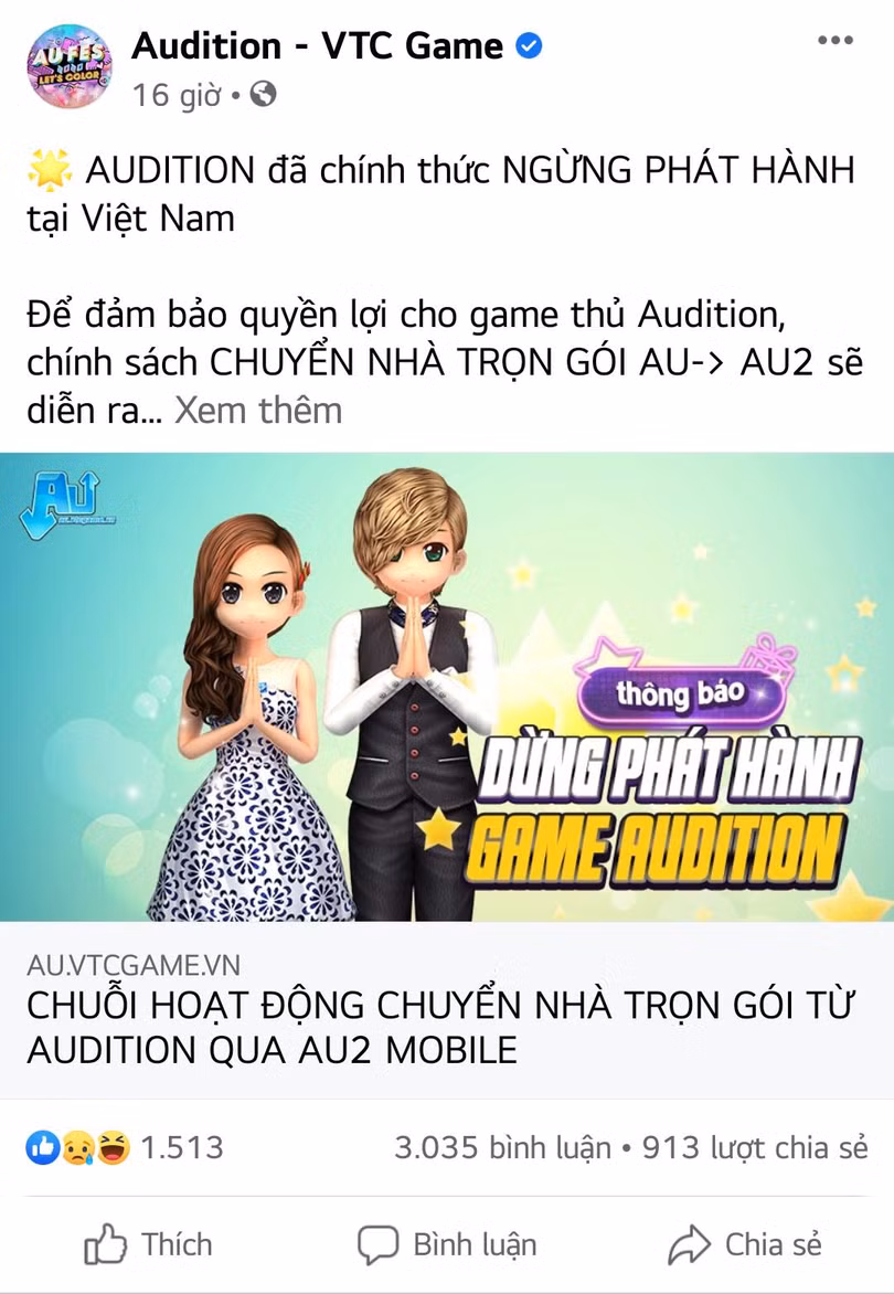 VTC Game chính thức đưa ra thông báo dừng phát hành Audition tại thị trường Việt Nam. 