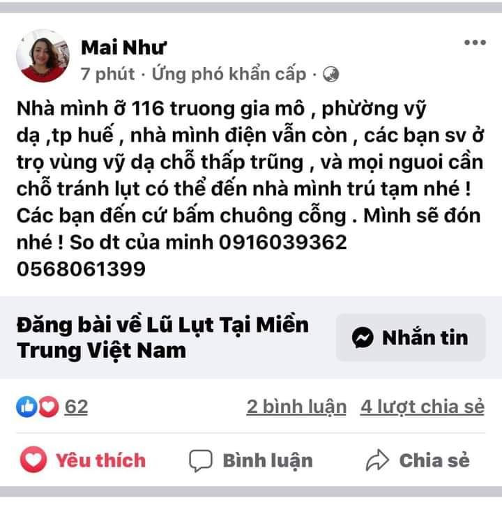 Người dân sẵn sàng chia sẻ chỗ ở. Ảnh chụp màn hình từ Fanpage Review Huế Người dân sẵn sàng chia sẻ chỗ ở. Ảnh chụp màn hình từ Fanpage Review Huế