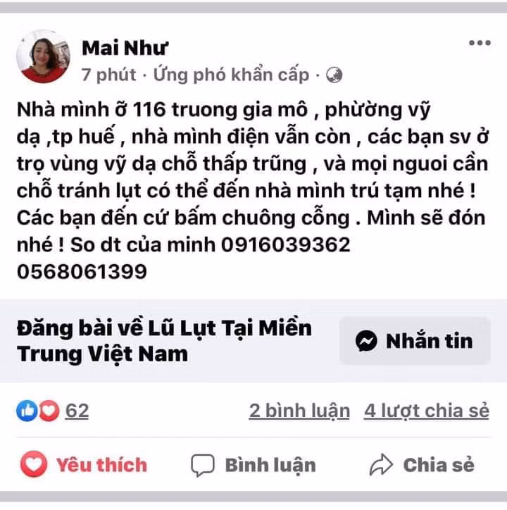 Người dân sẵn sàng chia sẻ chỗ ở. Ảnh chụp màn hình từ Fanpage Review Huế