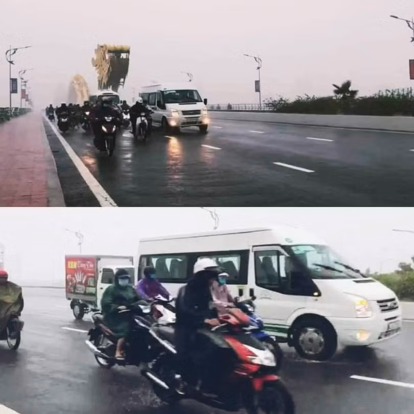 Hình ảnh ô tô chắn gió cho xe máy qua cầu Rồng an toàn. Ảnh: Fanpage Review Đà Nẵng.