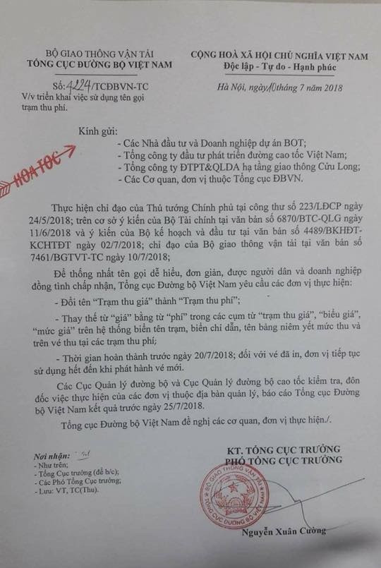 Công văn của Tổng cục Đường bộ