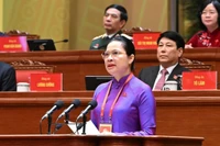 Bà Hà Thị Nga trình bày tham luận về phát huy sức mạnh đại đoàn kết toàn dân tộc - nền tảng và động lực quan trọng thực hiện thắng lợi các mục tiêu phát triển đất nước trong kỷ nguyên mới".