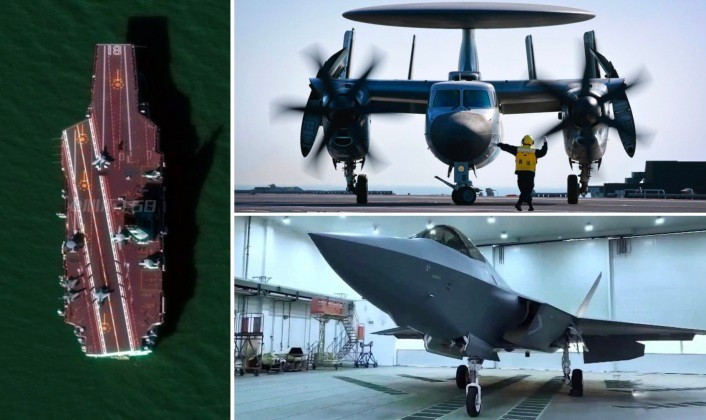 Siêu tàu sân bay Phúc Kiến của Trung Quốc với các mẫu máy bay KJ-600 và J-35. Ảnh: MW.