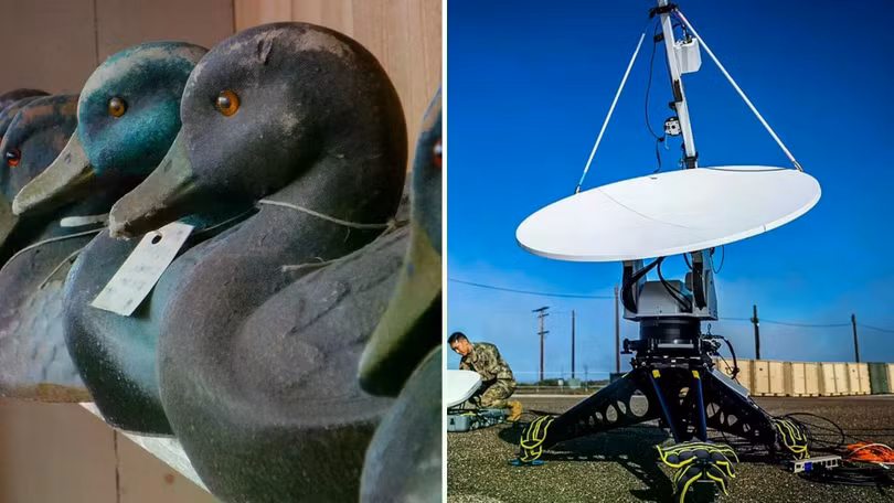 Mồi nhử hình con vịt (trái) và ăng-ten thuộc hệ thống HPM (phải). Ảnh: PM.